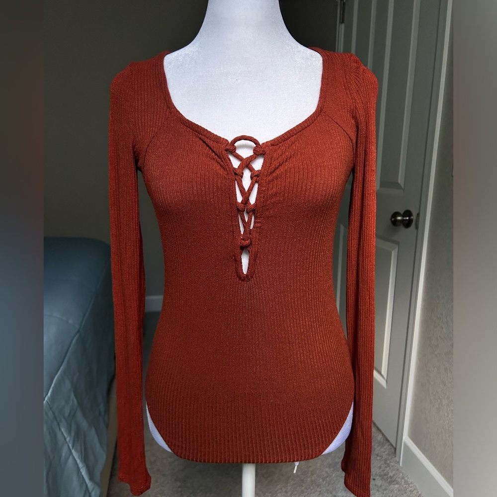 Burnt Orange Long Sleeve Lace-Up Bodysuit